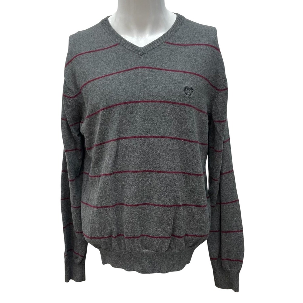 Chaps Cotton Cashmere Blend Sweater Mens Large Gray Burgundy Striped V Neck